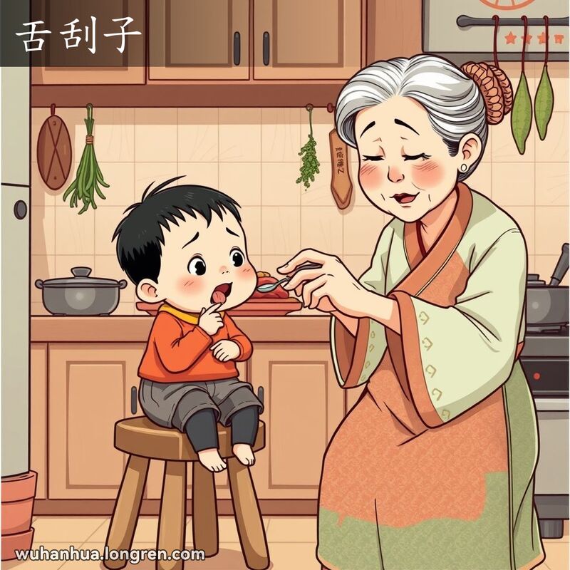 一位武汉小孩坐在厨房凳子上，奶奶用小勺子刮舌头，背景是传统中式厨房。