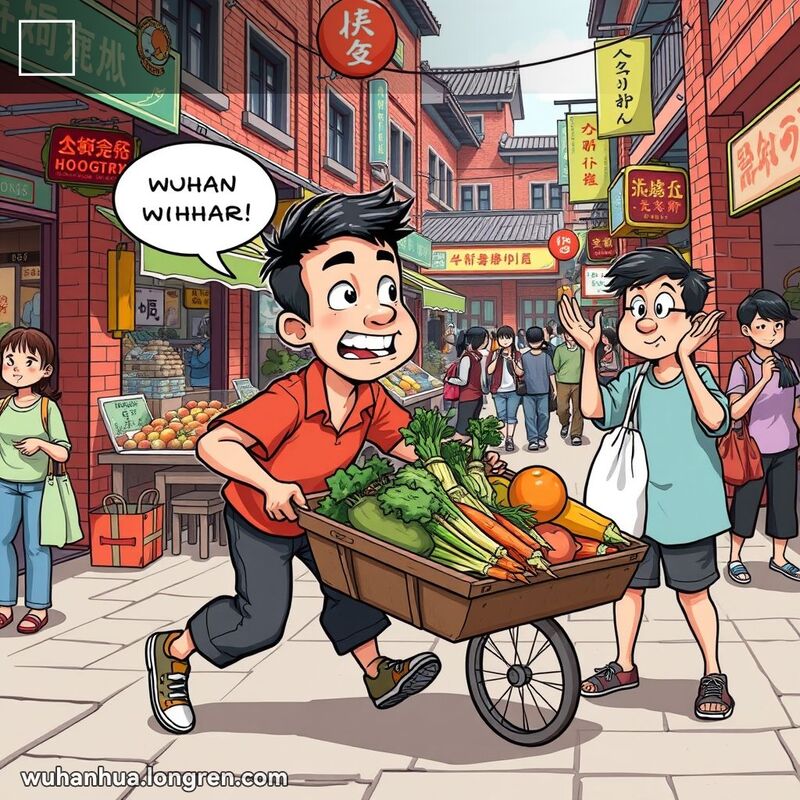 一位年轻人在武汉街头市场费力拉着手推车，旁边有人鼓励他‘拉紧些’，背景是热闹的市场摊位和行人