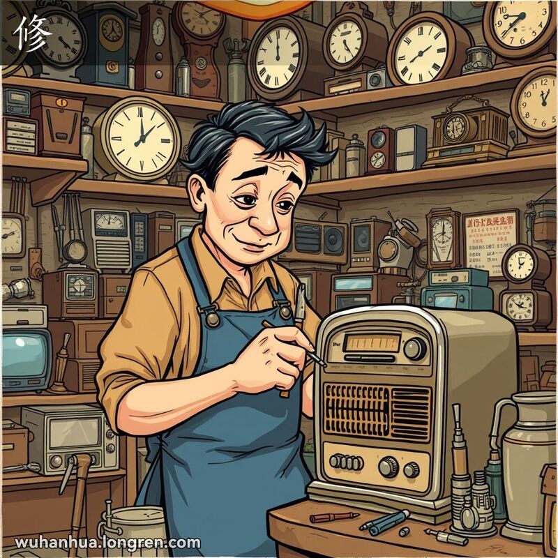一位武汉工匠在修理店里专注地修理老收音机，背景是堆满工具和零件的货架