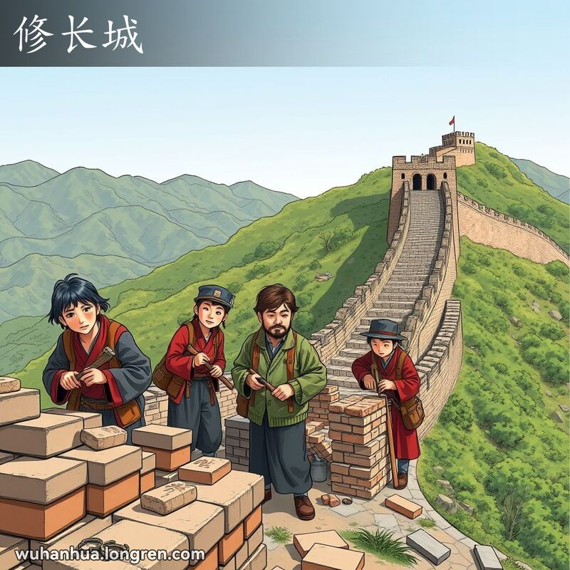 一群工人正在修复长城，使用工具和砖块，背景是蜿蜒的长城和起伏的山丘