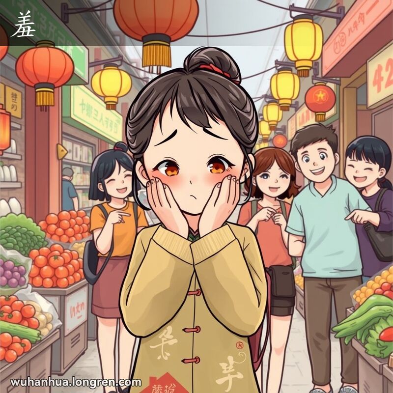 一位武汉姑娘在市场中害羞地捂脸，朋友们在背后调皮取笑她