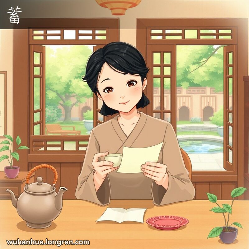 一位中年妇女坐在传统武汉家庭的桌旁，手持茶杯，背景是宁静的庭院，她正回忆着重要的事情。