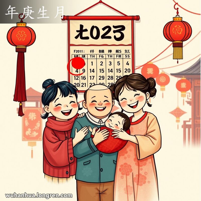 一个传统中国家庭围绕在新生儿周围庆祝出生日期，背景是挂着中国历书的喜庆场景