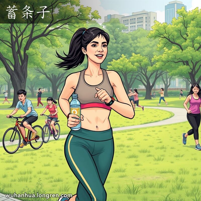 一位武汉年轻女性在公园跑步，身材苗条，背景有其他锻炼的人，展现健康生活方式