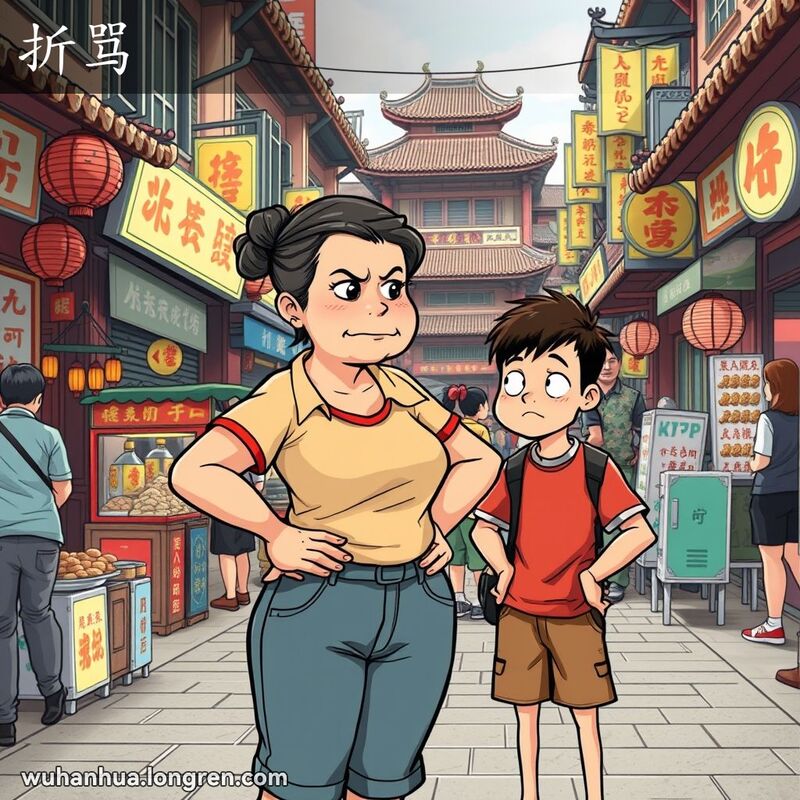 一位中年妇女在武汉街头市场上责备年轻人，背景是热闹的街景