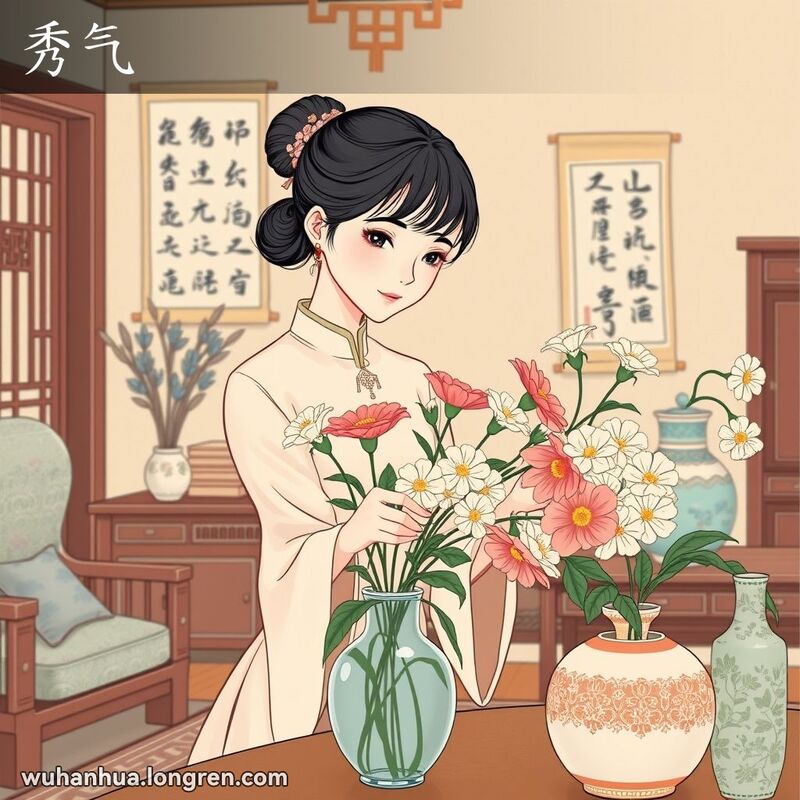 一位武汉年轻女子身穿传统服装，缓慢优雅地插花，背景是温馨的房间，布置有传统中国家具和装饰品。
