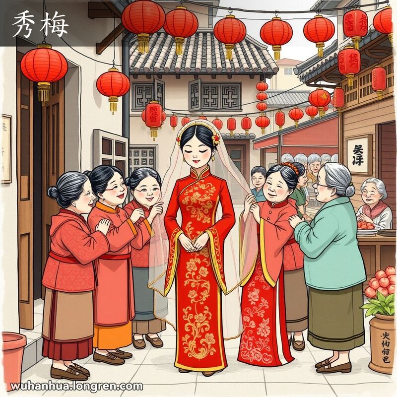 新娘在传统武汉婚礼上，周围是帮忙准备的秀梅，背景是老街建筑和热闹市场