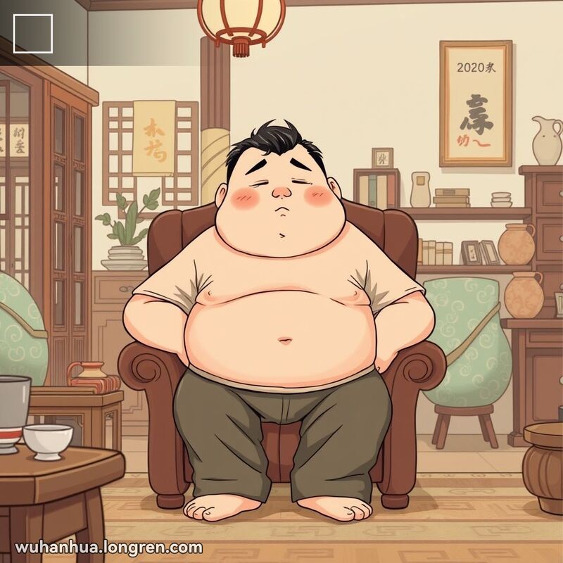 一位武汉男子坐在椅子上，显得疲惫和虚弱，身体松软无力，背景是温馨的客厅