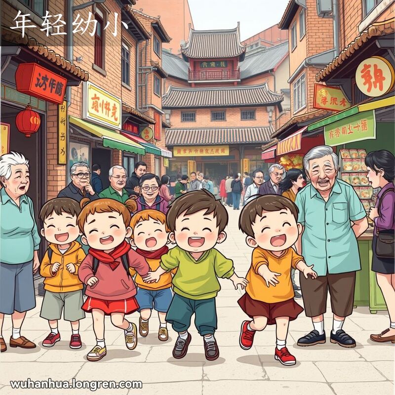 武汉街道上，一群小孩子在玩耍，老人们微笑着看着他们，背景是传统建筑和市场摊位。