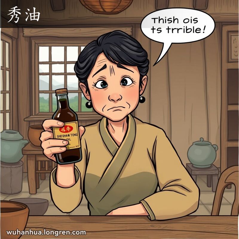 一位中年武汉妇女在厨房中手持桐油瓶，脸上露出失望的表情，背景是古朴的厨房环境。