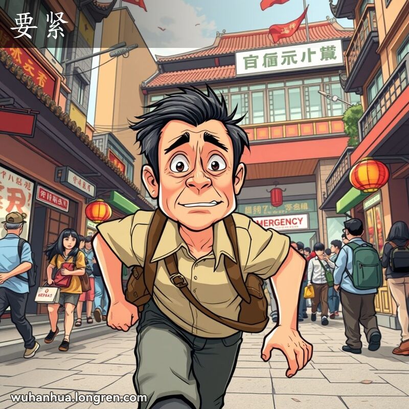 一位中年男子在武汉街头急匆匆赶往医院，脸上充满担忧和紧迫感，背景是武汉的传统建筑和热闹街景