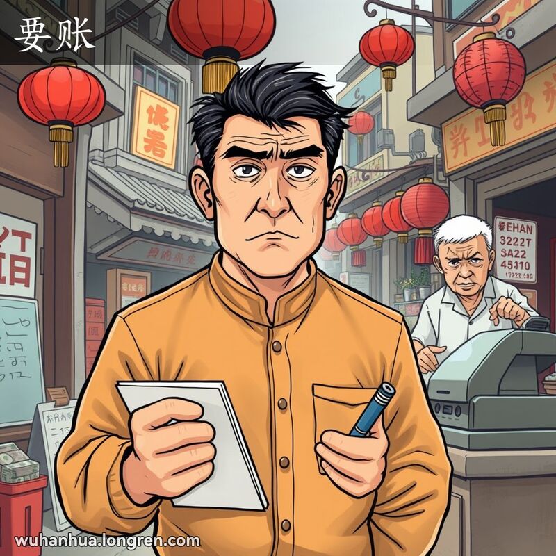 一位中年男子站在武汉街头小店前，手持账本和笔，神情严肃，正在向店主讨债，背景是繁忙的武汉老街景