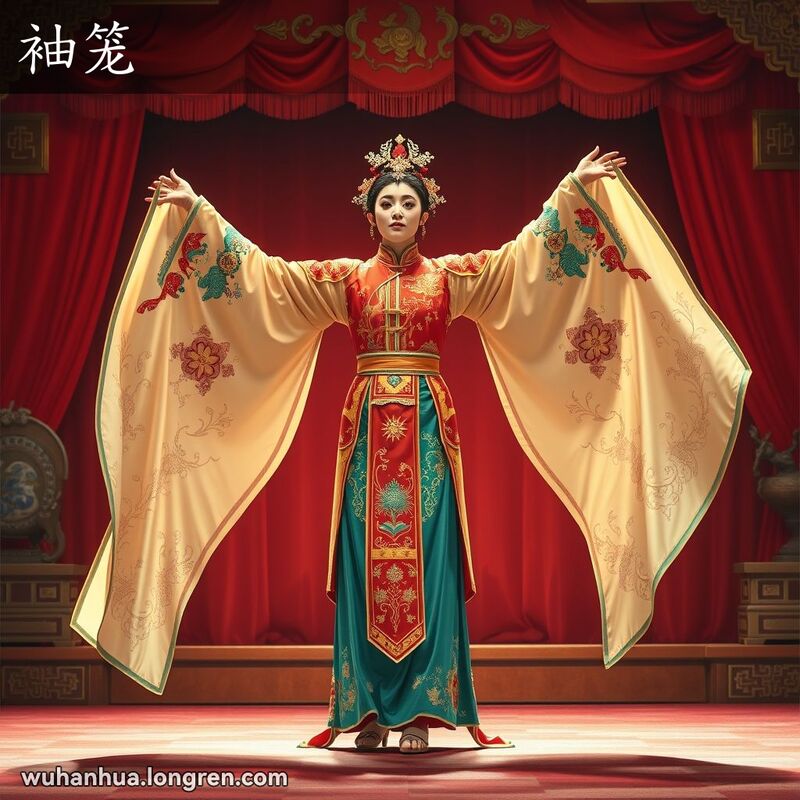 一位传统戏曲演员在舞台上展示长长的戏服袖子，背景是中国戏曲舞台