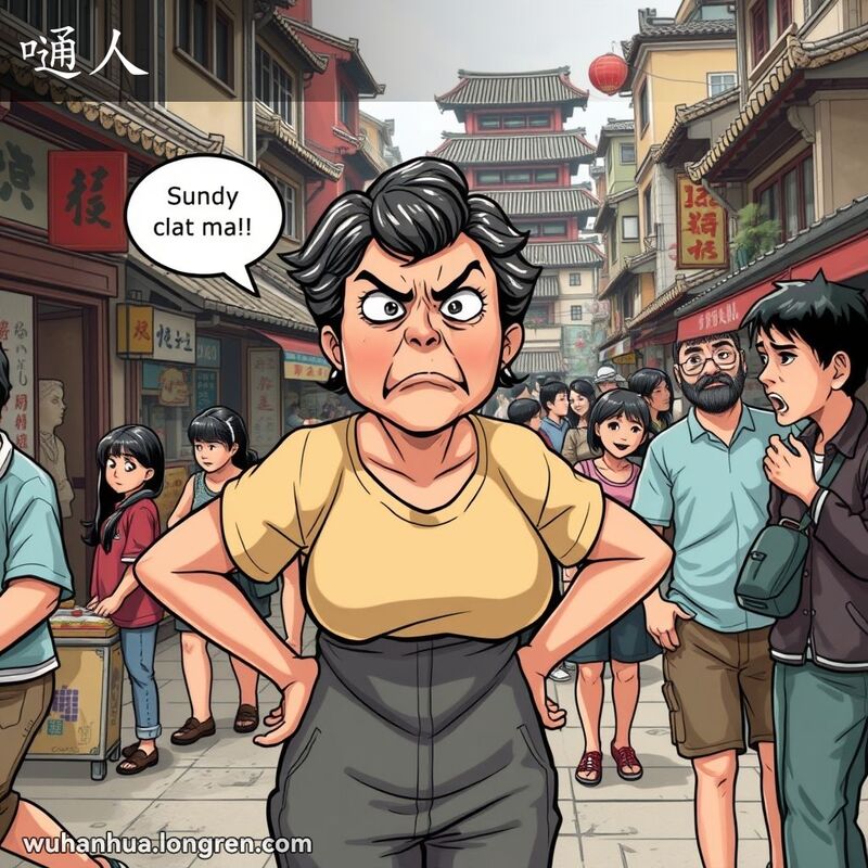 一位中年妇女在武汉街头训斥年轻人，背景是忙碌的街景