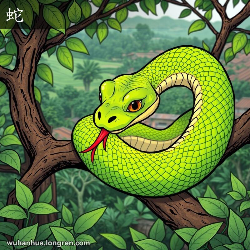 一条绿色的蛇缠绕在树枝上，背景是茂密的植被和乡村景象