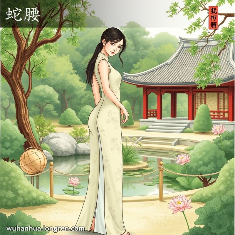 一位身材细长、腰部略弯的女子站在中国园林中，背景有绿树和荷花池塘