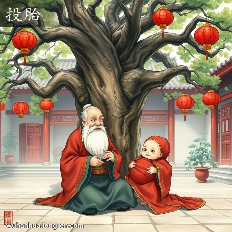 传统中国庭院中，一位老人怀抱婴儿，象征好的投胎，背景有古树和红灯笼