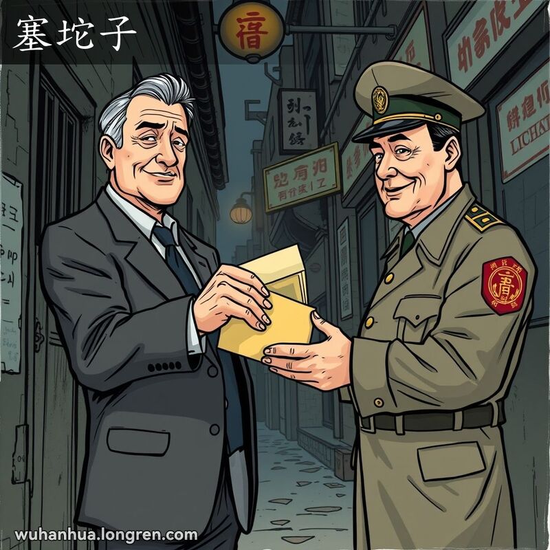 一个中年男子在小巷中递给制服男子一个装满现金的信封，背景是破旧的老建筑，营造出腐败的氛围。
