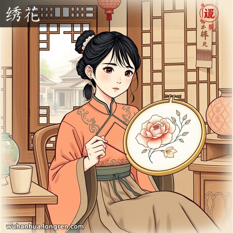 一位武汉女子坐在房间内，专注地在绣花绷子上绣出花卉图案，背景是武汉老街景