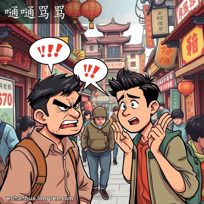 两个人在武汉街头激烈争吵，一个人愤怒地比划，另一个人试图安抚，背景是武汉传统街景
