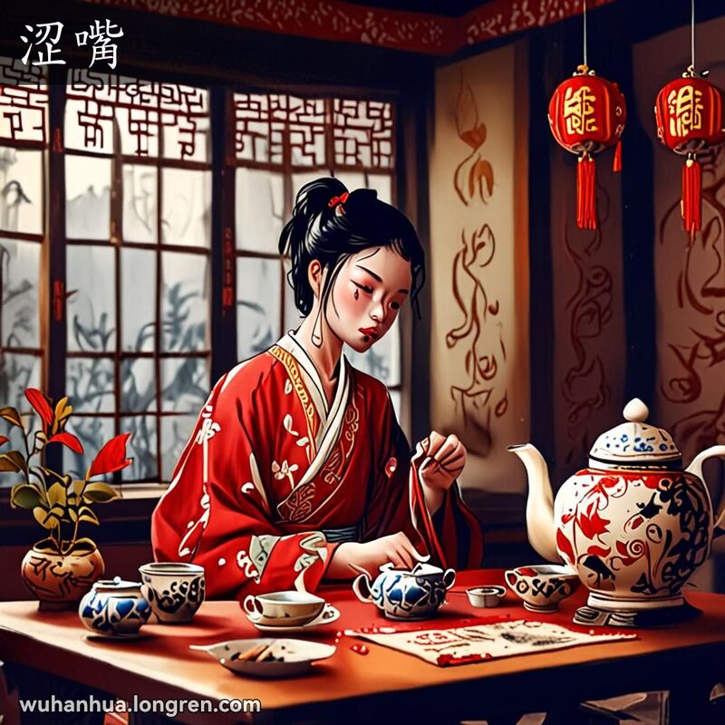 一位年轻的武汉女子在茶馆品茶，表情滑稽，显示出“涩嘴”的感觉，背景是传统中式茶馆。
