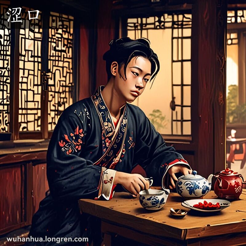 一位年轻人在茶馆中喝苦茶，露出“涩口”的表情，背景是传统茶馆景象