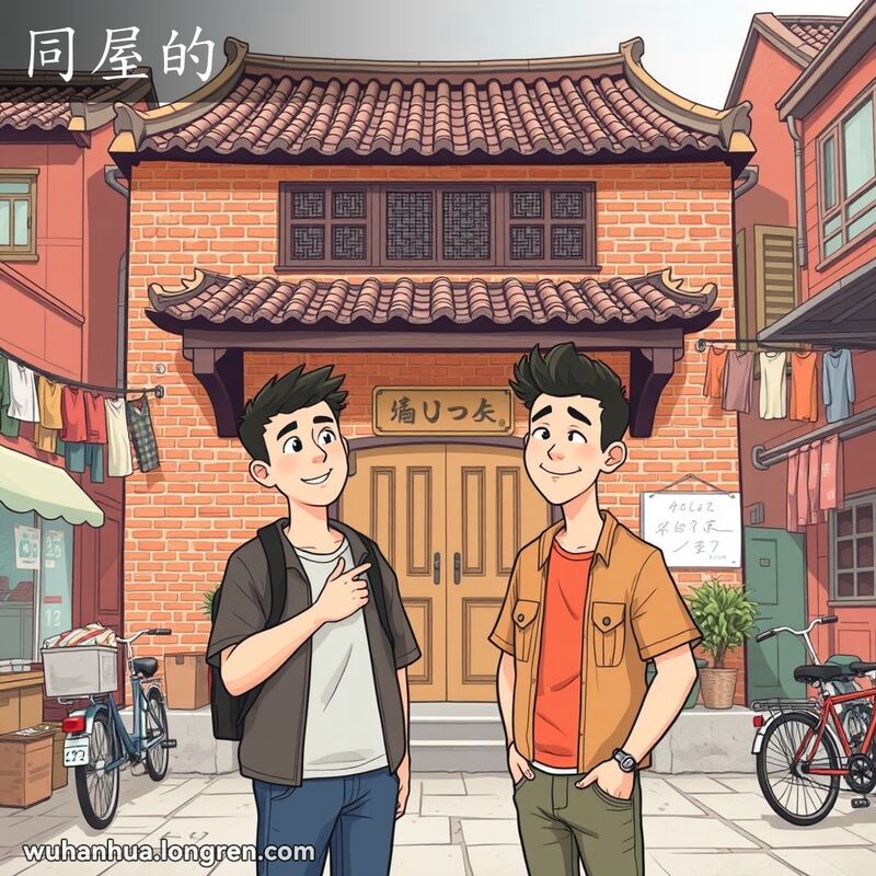 两位年轻男子站在武汉传统院落房屋前，其中一人指着房屋，另一人点头表示同意，背景是热闹的老街景