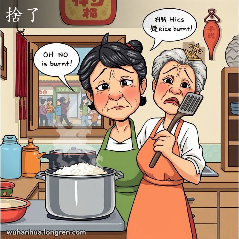 一位中年武汉妇女在厨房里，手拿锅铲，面露沮丧和无奈的表情，背后的锅里冒着烟，暗示米饭已经煮糊了，表现“捨了”的情景。