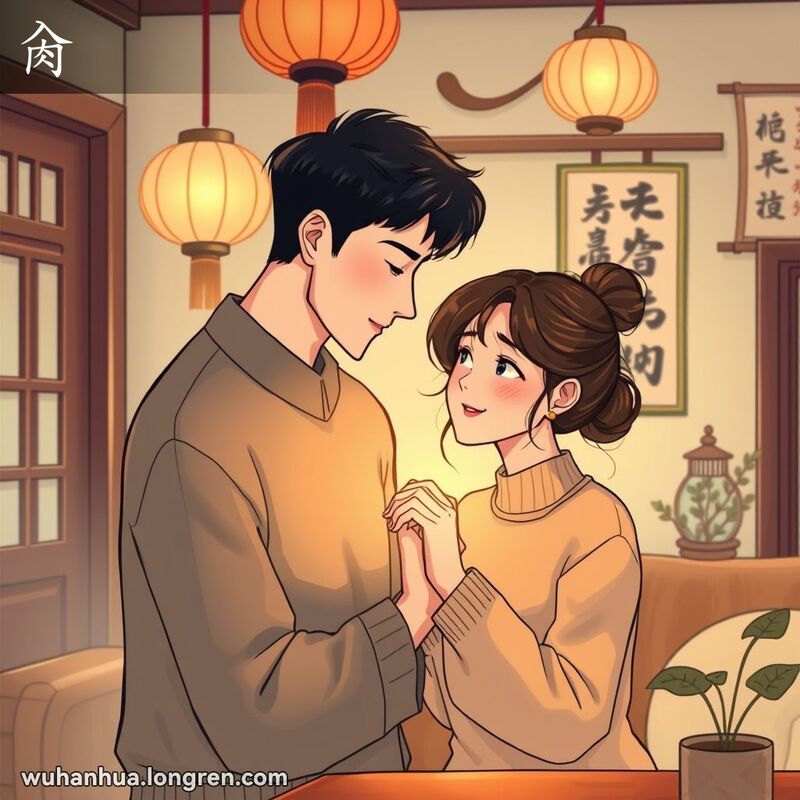 一对年轻情侣在温馨的武汉传统家庭环境中深情对视，背景有灯笼和书法挂轴
