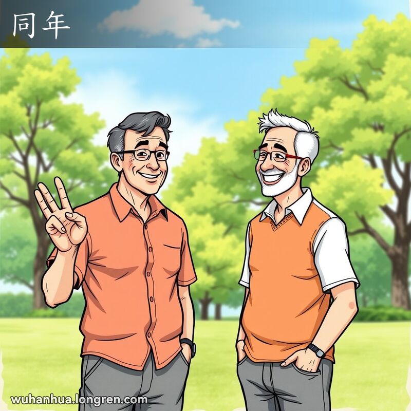 两位中年男子在公园里交谈，一人比划四十的手势，另一人微笑点头，表现“同年”的意思。