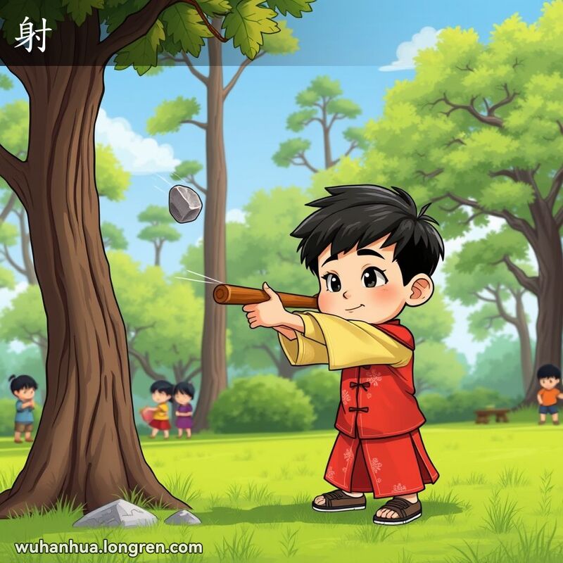 一个小男孩在公园里用弹弓射击树干，表情专注，背景有高大的树木和晴朗的蓝天。