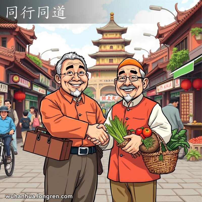 两位中年男子在武汉街头握手，背景有黄鹤楼和街市，象征行业相同的关系