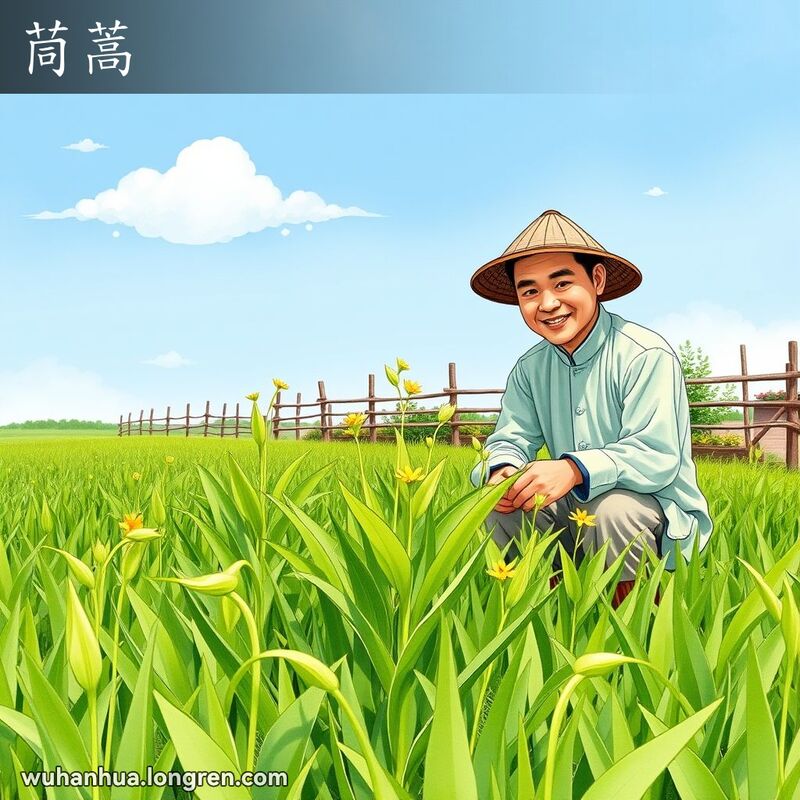 一片绿油油的田野，茼蒿植物在生长，农民在检查植物，背景是木栅栏和小菜园