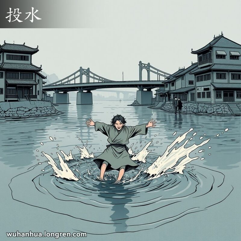 一个人在武汉长江边跳入江中，背景是长江大桥和老建筑