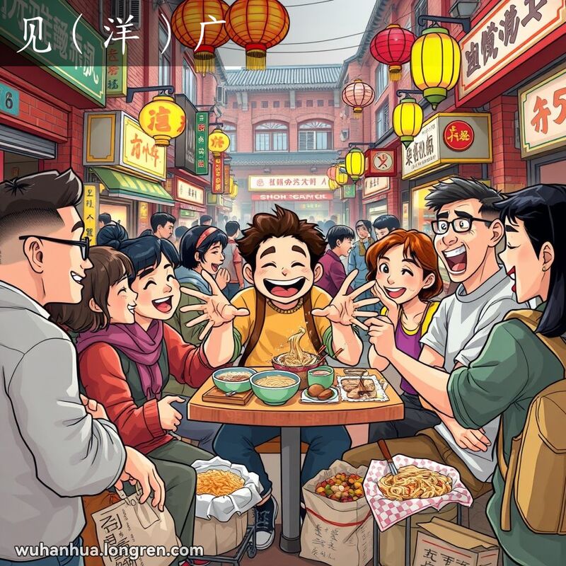 一群朋友在武汉街头小摊前聚会，其中一人正在讲述有趣的故事，其他人开怀大笑，背景是武汉的传统街景。