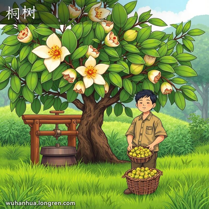一棵油桐树，树上开满了大而白色的花朵，花朵上有黄色和红色的斑点和条纹，树叶呈卵形。树的果实是绿色的，近乎球形，顶端尖尖的。画面前景中，一位武汉当地居民手持一小篮油桐种子，背景中有一台传统的榨油机。
