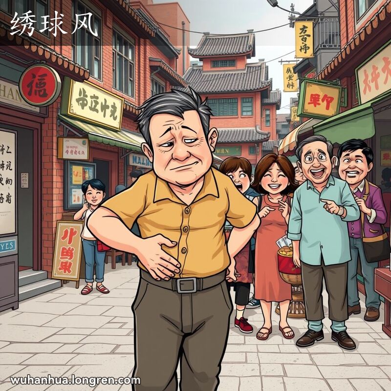 一位中年男子在武汉老街市场中抓挠阴囊部位，背景是嘲笑他的本地人，画面幽默风趣