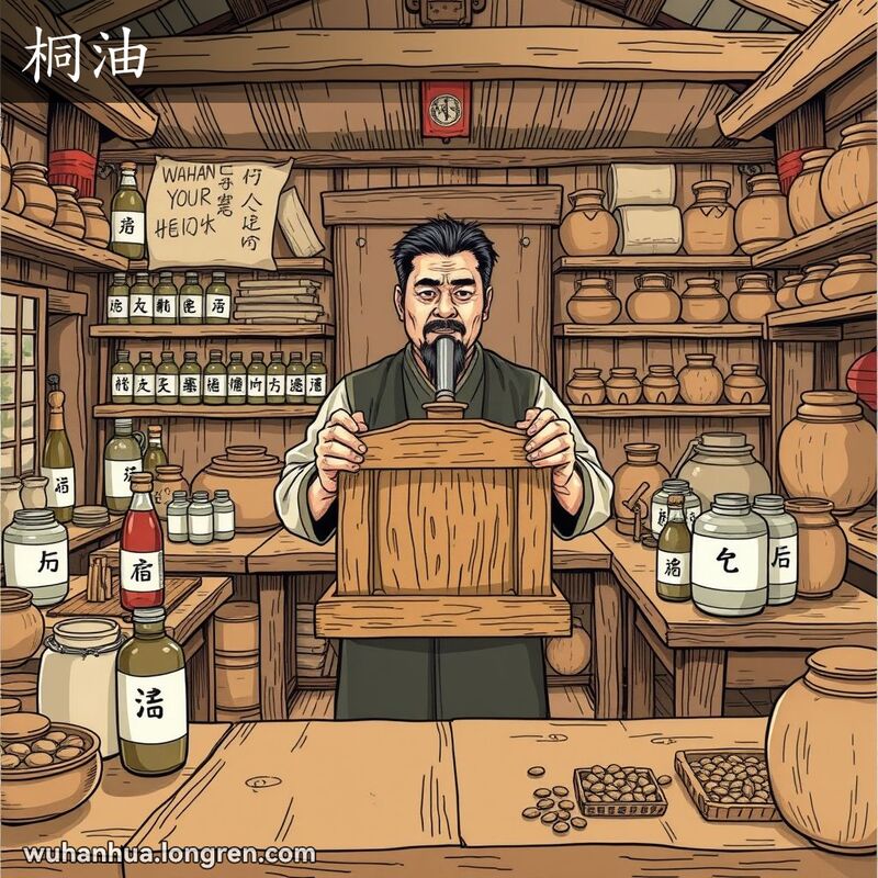 传统武汉工坊中，工匠用油压机榨取桐油，背景有油漆和防水剂瓶罐