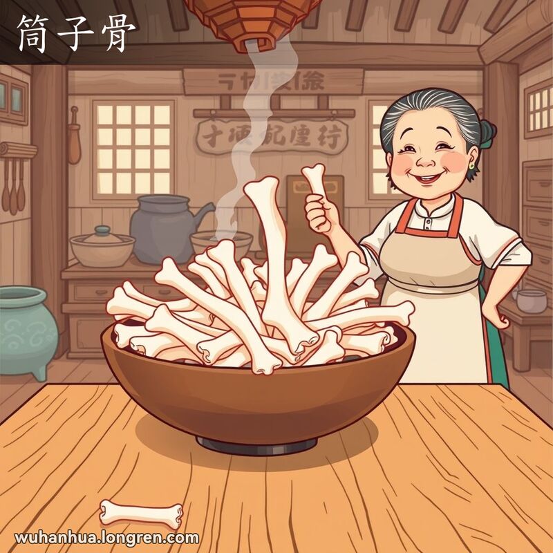 一位武汉奶奶在厨房桌旁手持长管状的猪骨头，背景是温馨的家庭氛围