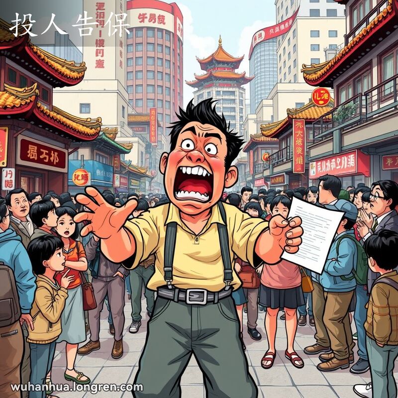 一位武汉市民在街头大声喊冤叫屈，周围人群围观，背景是武汉的传统和现代建筑