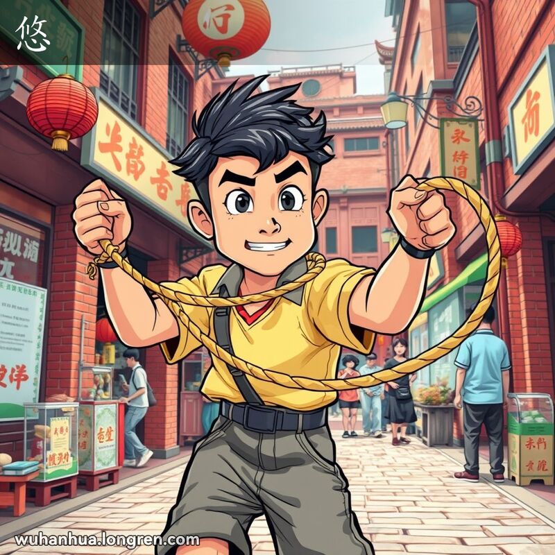 一位年轻男子在武汉街头手持绳子准备挥动，表现“悠”的动作，背景是武汉老街景