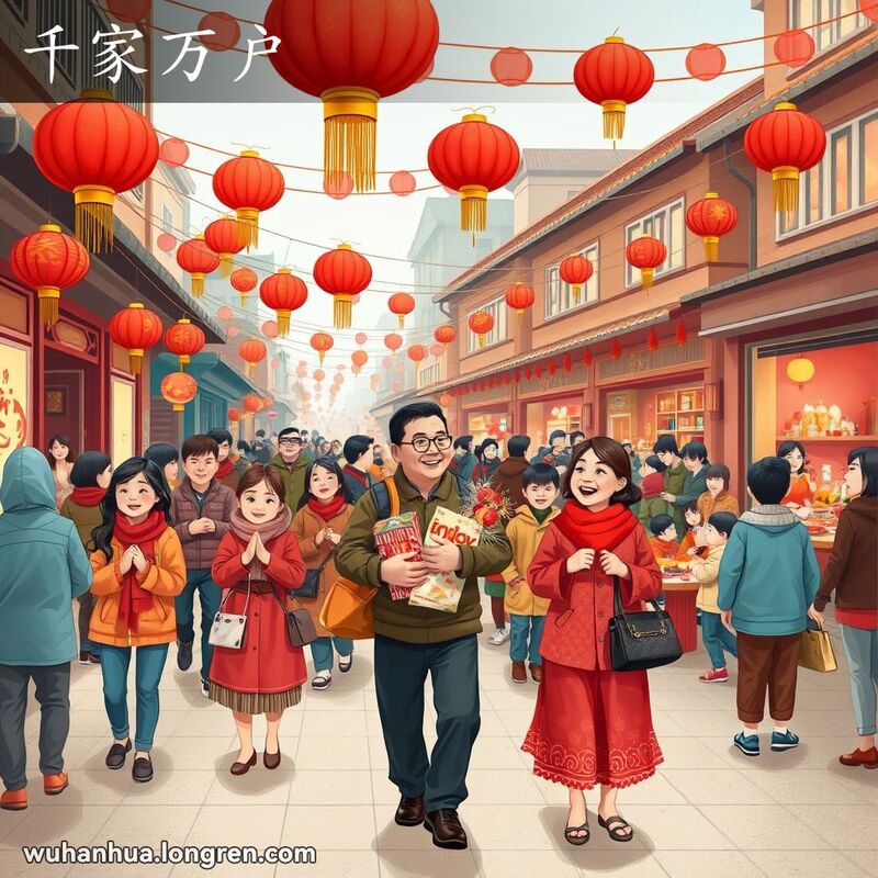 武汉市春节期间的热闹街景，人们提着礼物和食物，家家户户围坐在摆满节日美食的桌子旁，充满了团圆和欢乐的气息。