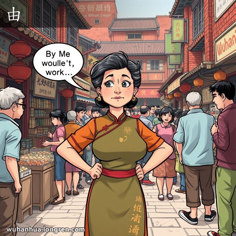 一位中年妇女在武汉街市中自信地看着争论的人群，背景是热闹的市场和老式建筑