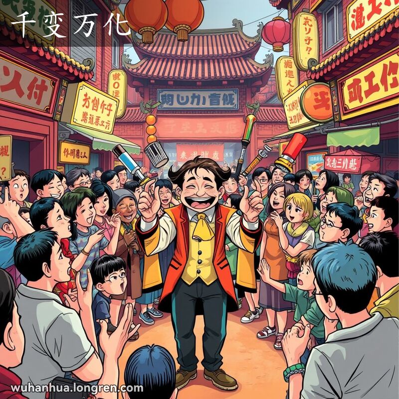 武汉市场中，魔术师表演变化多端的魔术，观众惊讶和愉悦，背景是传统的红砖墙和老式招牌