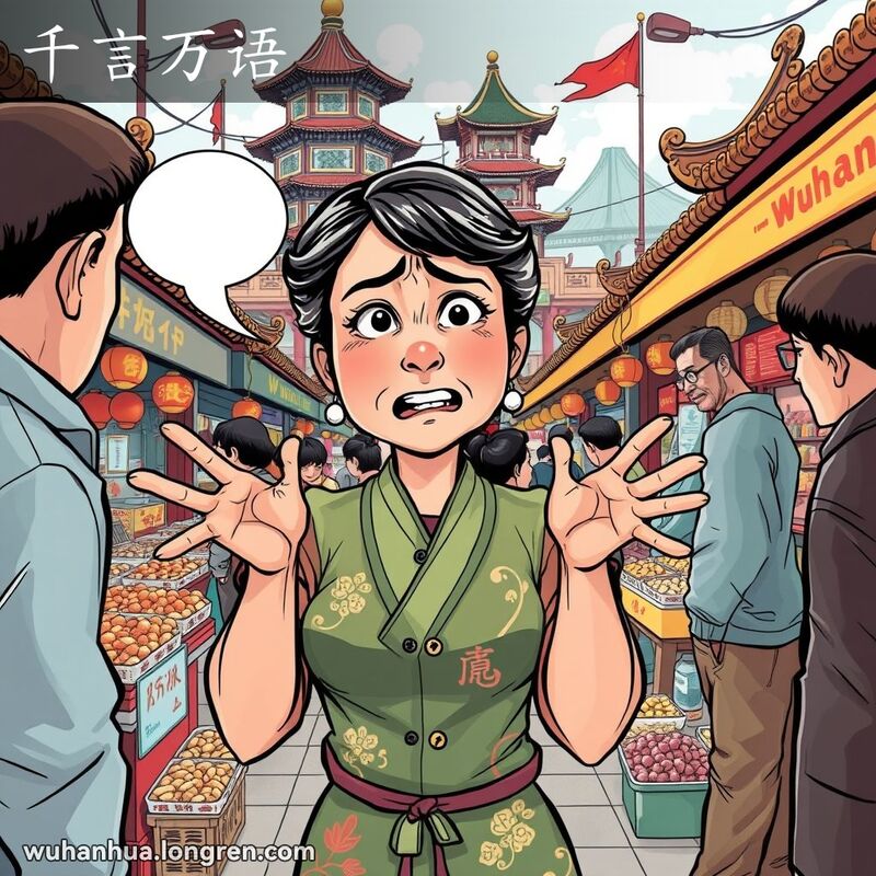 一位武汉妇女在街市中试图表达自己，但对方不听，背景有黄鹤楼和长江大桥