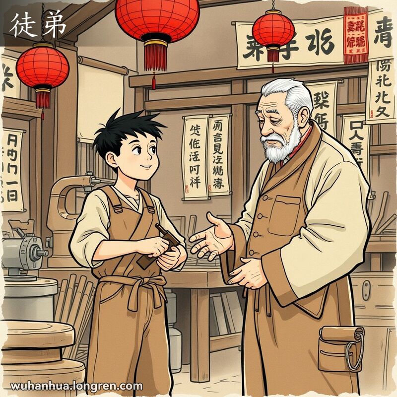 一位年轻的徒弟在传统工坊中跟随师傅学习，背景有红灯笼和书法卷轴