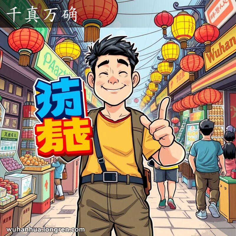 一位武汉男子在市场中指着“千真万确”的招牌，表情自信，背景是热闹的市场场景