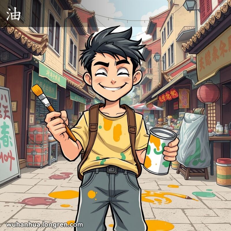 一位年轻男子在武汉街市中手持油漆刷和油漆罐，脸上带着调皮的笑容，衣服和地面上溅满了油漆，背景是热闹的武汉老街景