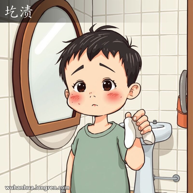 一个小孩站在洗手间镜子前，脸上有污垢，手里拿着湿毛巾，准备擦掉污垢，背景是武汉家庭洗手间。