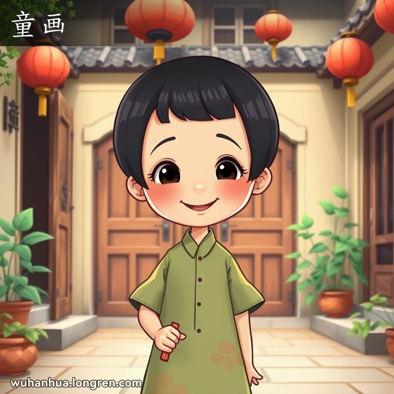 一位小女孩展示“童画”发型，背景是传统武汉庭院，画面童趣明亮